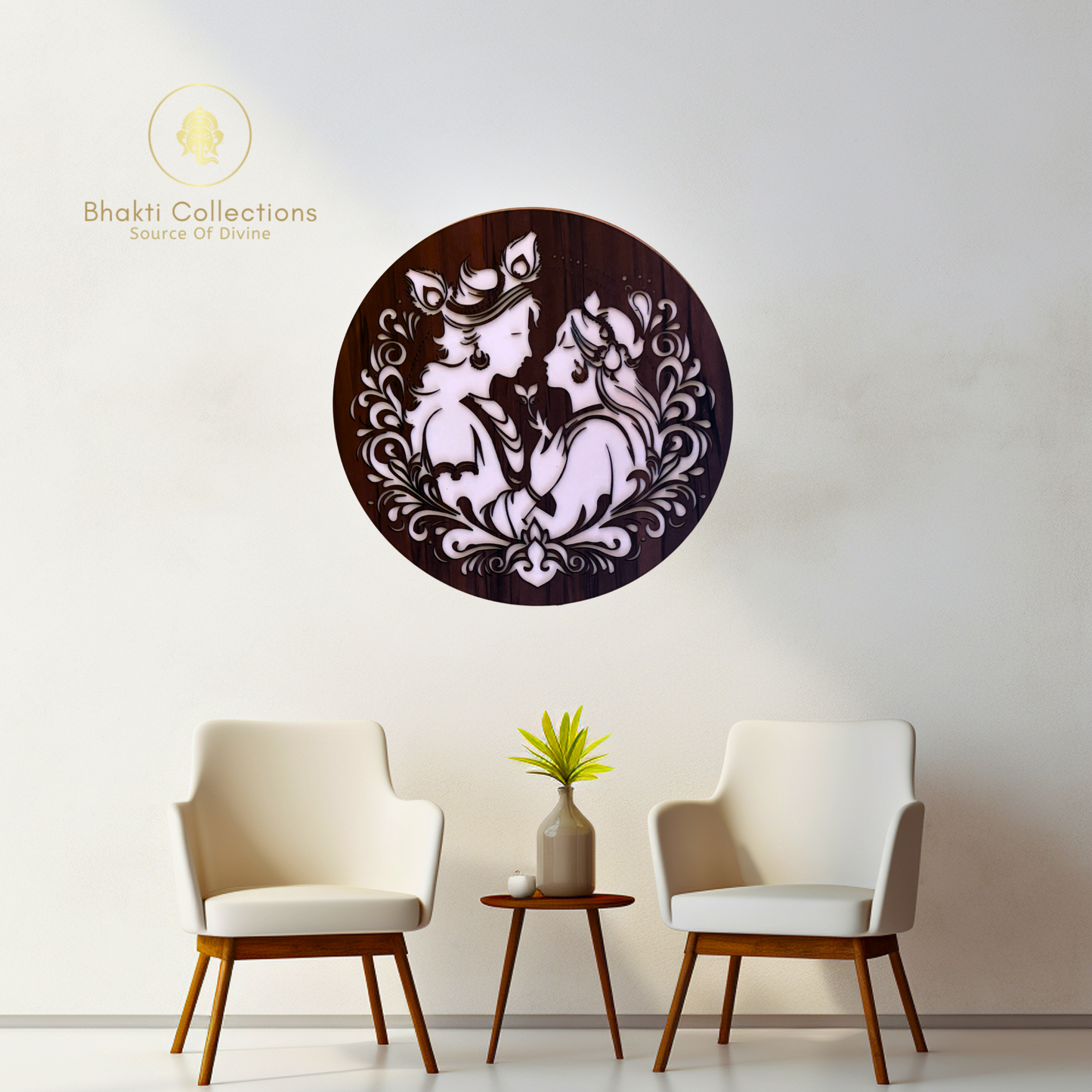 Radha Krishna Backlit Wooden Wall Decor with Walnut Finish
